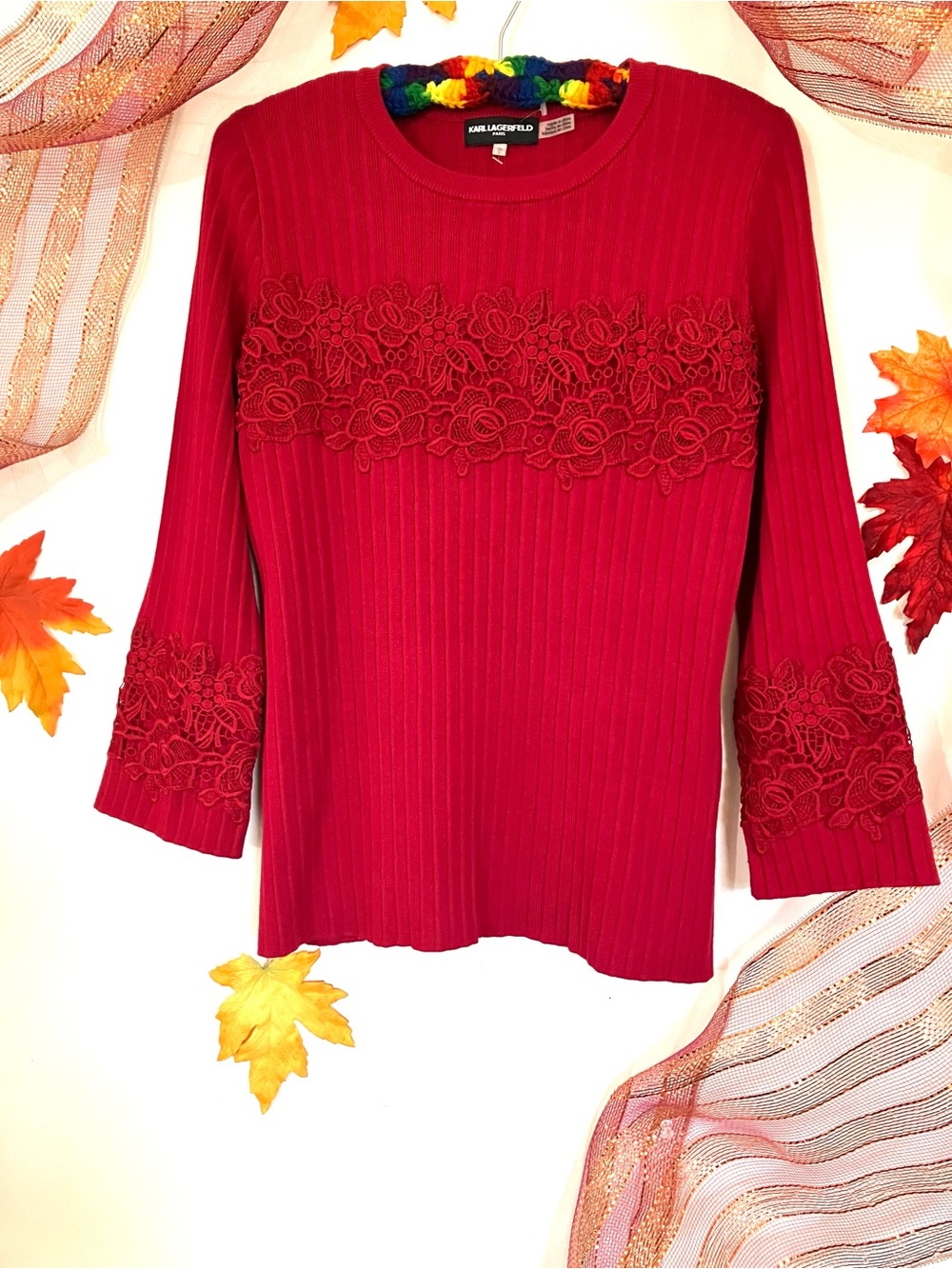Karl Lagerfeld Red Ribbed Sweater with Intricate Floral Lace Trim